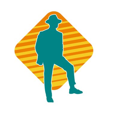 Bir beyefendinin silueti iş elbisesi ya da paltosu giyiyor ve şapka takıyor..