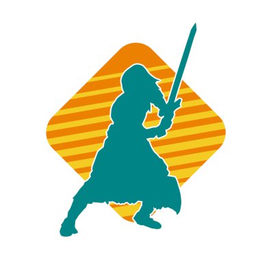 Bir erkek savaşçının silueti kılıçla poz veriyor. Kılıç taşıyan bir savaşçının silueti..