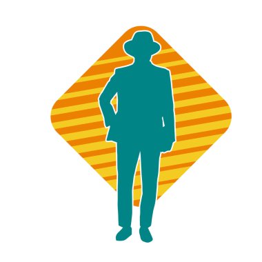 Bir beyefendinin silueti iş elbisesi ya da paltosu giyiyor ve şapka takıyor..