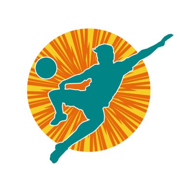 Top tekmeleyen bir erkek futbolcunun silueti. Hareket halindeki bir futbolcunun silueti.