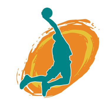 Basket oyuncusunun silueti hareket halinde. Bir erkek basket topu atleti silueti..