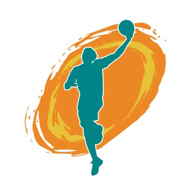 Basket oyuncusunun silueti hareket halinde. Bir erkek basket topu atleti silueti..