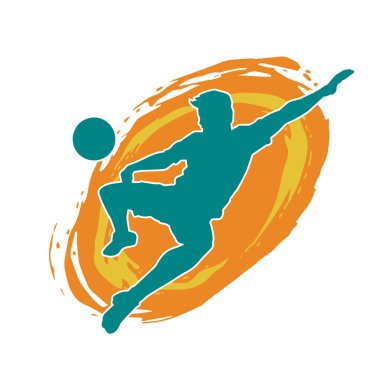 Top tekmeleyen bir erkek futbolcunun silueti. Hareket halindeki bir futbolcunun silueti.