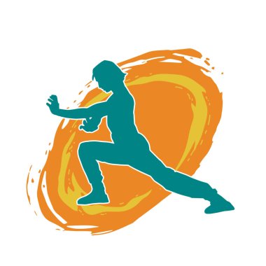 Doğu dövüş sanatı pozu veren bir adamın silueti. Dövüş sanatlarında bir erkeğin silueti..