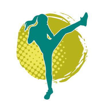 Dövüş sanatları tekmesi atan bir kadının silueti. Sportif bir kadının silueti tekme hareketi yapıyor..