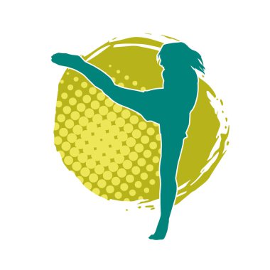 Dövüş sanatları tekmesi atan bir kadının silueti. Sportif bir kadının silueti tekme hareketi yapıyor..