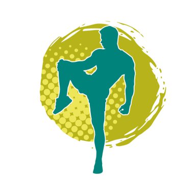 Sportif bir erkeğin silueti spor salonunda poz veriyor. Aerobik yapan zayıf bir adamın silueti..