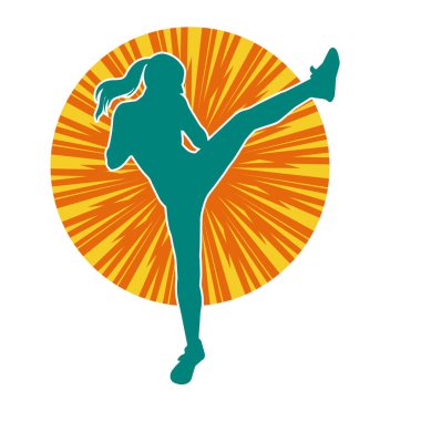 Dövüş sanatları tekmesi atan bir kadının silueti. Sportif bir kadının silueti tekme hareketi yapıyor..