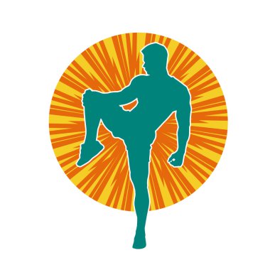 Sportif bir erkeğin silueti spor salonunda poz veriyor. Aerobik yapan zayıf bir adamın silueti..