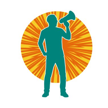 Megafon hoparlöründen bağıran bir adamın silueti. Bir spikerin silueti hoparlör aracıyla bağırır.