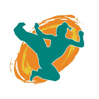 Dövüş sanatları tekmesi atan bir kadının silueti. Sportif bir kadının silueti tekme hareketi yapıyor..