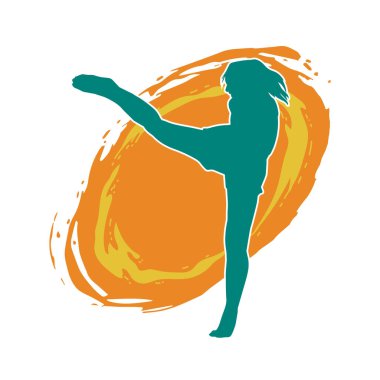 Dövüş sanatları tekmesi atan bir kadının silueti. Sportif bir kadının silueti tekme hareketi yapıyor..