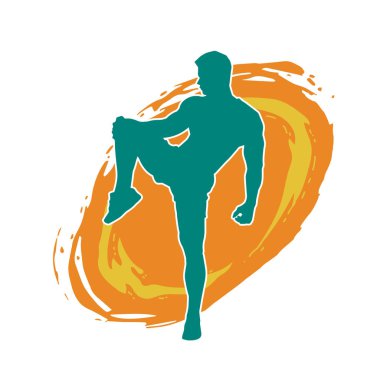 Sportif bir erkeğin silueti spor salonunda poz veriyor. Aerobik yapan zayıf bir adamın silueti..