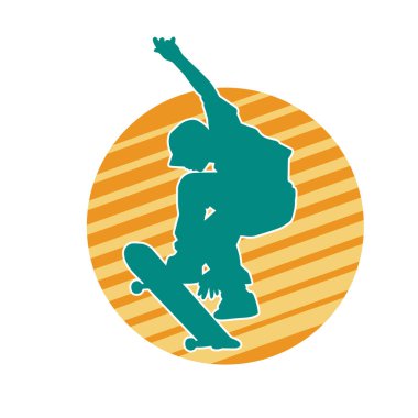 Hareket halindeki bir kadın silueti kaykay üzerinde poz veriyor. Kaykaylı şehirli bir kızın silueti..