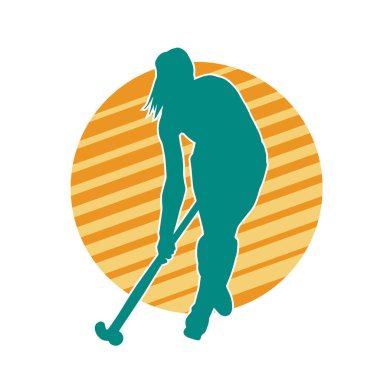 Çim hokeyi oynayan kadın atlet silueti. Çim hokeyi oynayan bir kadının silueti..