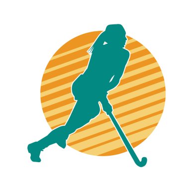 Çim hokeyi oynayan kadın atlet silueti. Çim hokeyi oynayan bir kadının silueti..