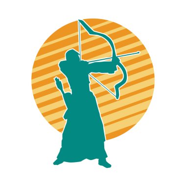 Hareketli erkek okçu savaşçısının silueti. Okçuluk silahı taşıyan bir adamın silueti..