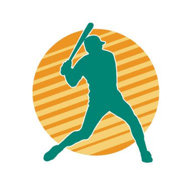 Hareketli bir erkek beyzbol oyuncusunun silueti. Vurucu olarak beyzbol oynayan bir adamın silueti..