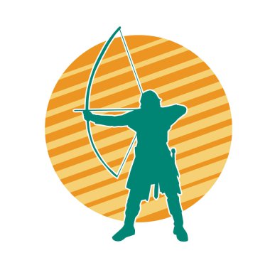 Hareketli erkek okçu savaşçısının silueti. Okçuluk silahı taşıyan bir adamın silueti..
