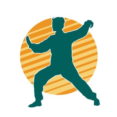 Dövüş sanatları yapan zayıf bir kadının silueti. Dövüş sanatlarında çalışan bir kadının silueti..