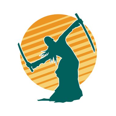 Kung fu 'nun silueti ya da Wushu dövüş sanatları sporcusu pozu. Kılıçlı bir erkek dövüş sanatının silueti..