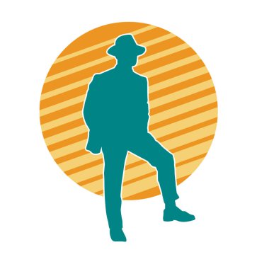 Bir beyefendinin silueti iş elbisesi ya da paltosu giyiyor ve şapka takıyor..