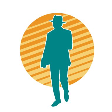 Bir beyefendinin silueti iş elbisesi ya da paltosu giyiyor ve şapka takıyor..