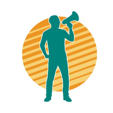 Megafon hoparlöründen bağıran bir adamın silueti. Bir spikerin silueti hoparlör aracıyla bağırır.