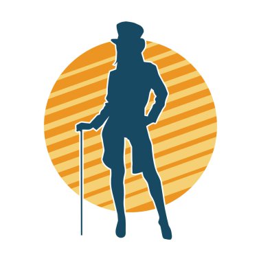 Hareketli kadın kabare dansçısının silueti. Şık kıyafetli bir kadının silueti mutlu bir şekilde dans ediyor..