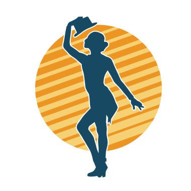 Hareketli kadın kabare dansçısının silueti. Şık kıyafetli bir kadının silueti mutlu bir şekilde dans ediyor..