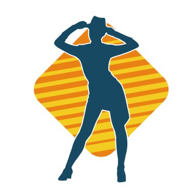 Hareketli kadın kabare dansçısının silueti. Şık kıyafetli bir kadının silueti mutlu bir şekilde dans ediyor..