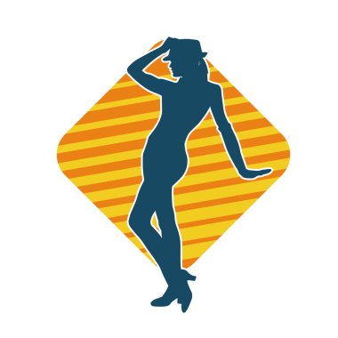 Hareketli kadın kabare dansçısının silueti. Şık kıyafetli bir kadının silueti mutlu bir şekilde dans ediyor..