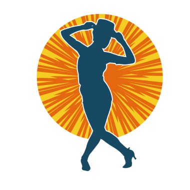Hareketli kadın kabare dansçısının silueti. Şık kıyafetli bir kadının silueti mutlu bir şekilde dans ediyor..