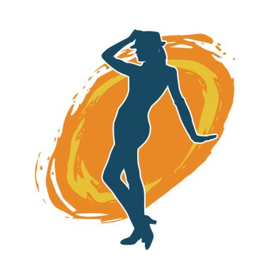 Hareketli kadın kabare dansçısının silueti. Şık kıyafetli bir kadının silueti mutlu bir şekilde dans ediyor..