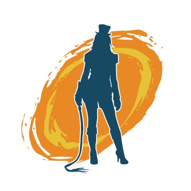 Sıska bir kadın modelin silueti seksi daracık bir kostüm giymiş kırbaç taşıyor. 