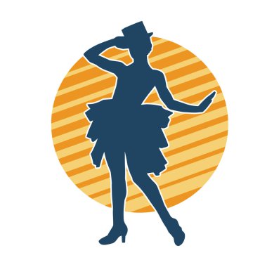 Hareketli kadın kabare dansçısının silueti. Şık kıyafetli bir kadının silueti mutlu bir şekilde dans ediyor..