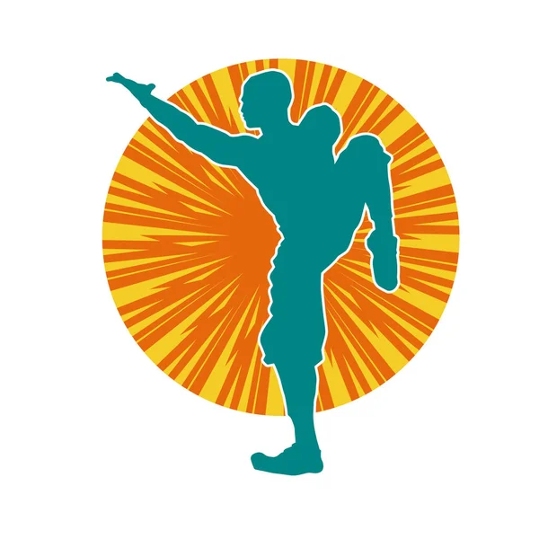 Doğu dövüş sanatı pozu veren bir adamın silueti. Dövüş sanatlarında bir erkeğin silueti..