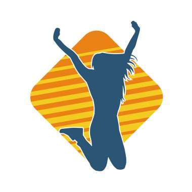 Mutlu bir kadının silueti atlama pozu. Bir kız modelin silueti sıçrar.