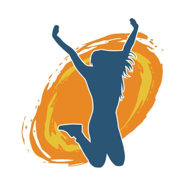 Mutlu bir kadının silueti atlama pozu. Bir kız modelin silueti sıçrar.