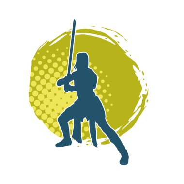 Bir kadın dövüşçünün silueti kılıç taşırken poz veriyor..