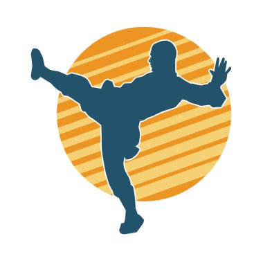 Dövüş sanatları pozu veren bir erkeğin silueti. Dövüş sanatları ustasının silueti tekme atma pozu veriyor..