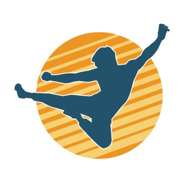 Dövüş sanatları pozu veren bir erkeğin silueti. Dövüş sanatları ustasının silueti tekme atma pozu veriyor..