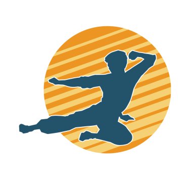 Dövüş sanatları pozu veren bir erkeğin silueti. Dövüş sanatları ustasının silueti tekme atma pozu veriyor..