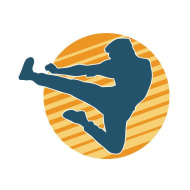 Dövüş sanatları pozu veren bir erkeğin silueti. Dövüş sanatları ustasının silueti tekme atma pozu veriyor..