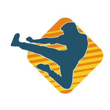 Dövüş sanatları pozu veren bir erkeğin silueti. Dövüş sanatları ustasının silueti tekme atma pozu veriyor..