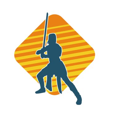 Bir kadın dövüşçünün silueti kılıç taşırken poz veriyor..