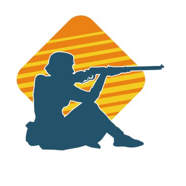 Kadın bir tetikçinin silüeti tüfek silahını doğrultuyor. Uzun namlulu ateşli silahla ateş eden bir kadın dövüşçünün silüeti..