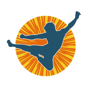 Dövüş sanatları pozu veren bir erkeğin silueti. Dövüş sanatları ustasının silueti tekme atma pozu veriyor..