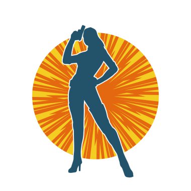 Kadın dövüşçü silueti. Tabanca ya da tabanca taşıyor..