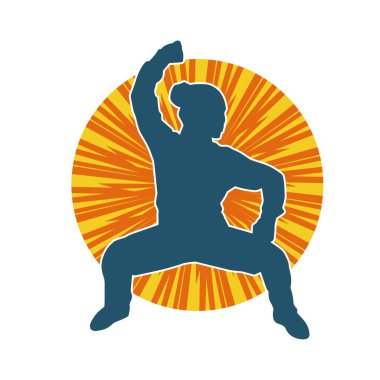 Dövüş sanatları yapan zayıf bir kadının silueti. Dövüş sanatlarında çalışan bir kadının silueti..